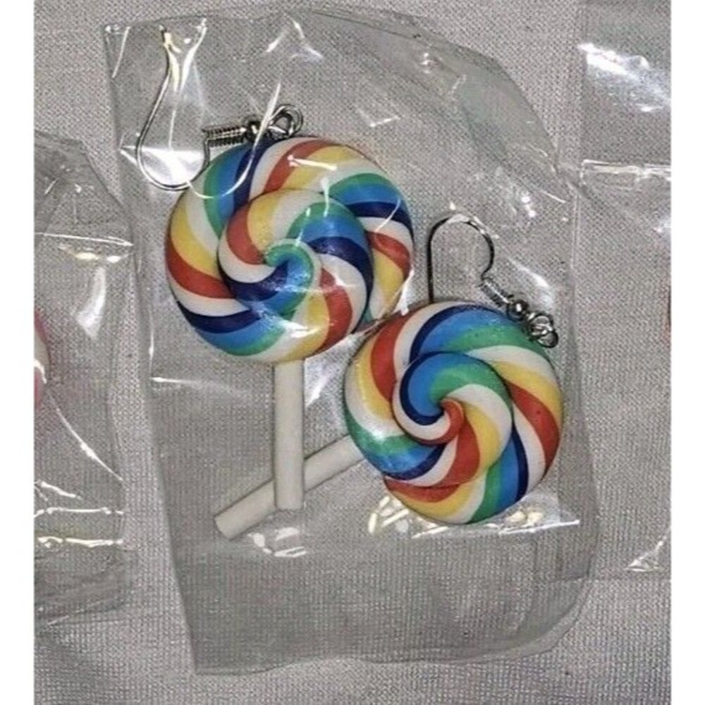 Whirly Lollipop Dangle Pierced Earrings Resin Silver Hook Candy 2.5" Rainbow